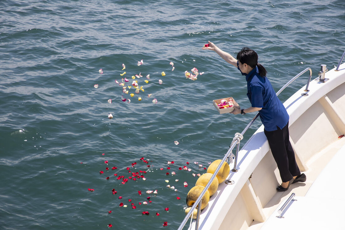 錦江湾での海洋散骨セレモニー：海に花びらを手向ける様子